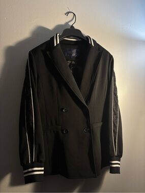 RACHEL Rachel Roy Black Double-Breasted Bomber Blazer with White Stripe Trim